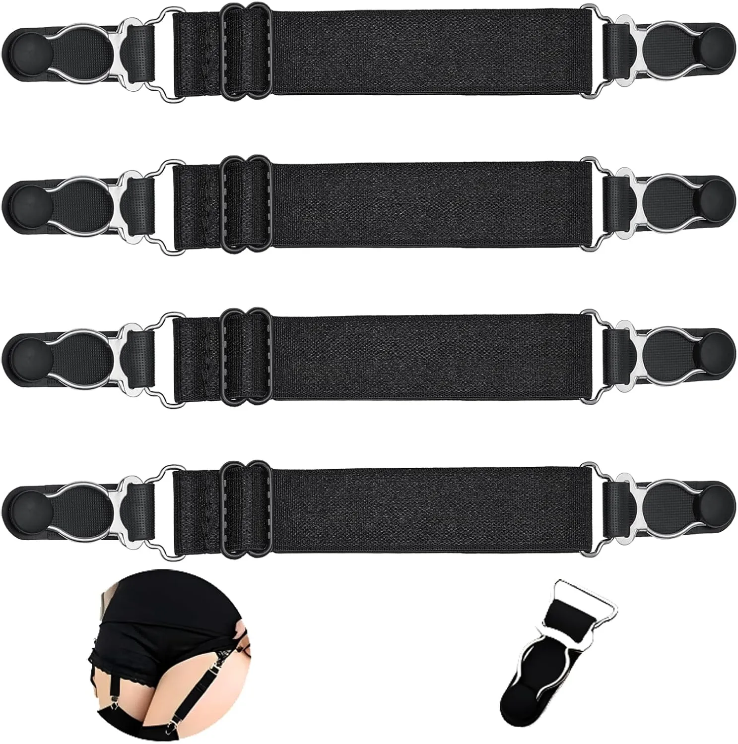 Adjustable Stocking Clip Elastic Double-Way Thigh High Suspenders Duckbill Buckle Non-Slip Garter Socks Belt Fastener Straps Shirt Holder Locking Clamps for Sexy Women 4 Pcs Black