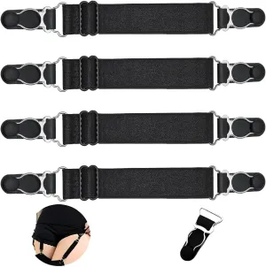 Adjustable Stocking Clip Elastic Double-Way Thigh High Suspenders Duckbill Buckle Non-Slip Garter Socks Belt Fastener Straps Shirt Holder Locking Clamps for Sexy Women 4 Pcs Black