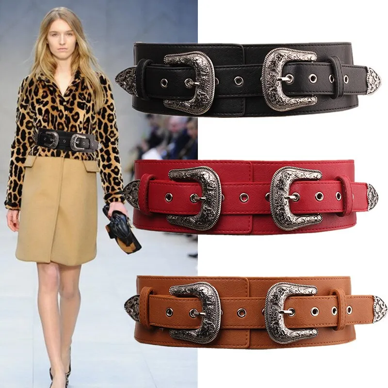 BAO XIU  Classic Style Double Aigo Silver Buckled Leather Belt