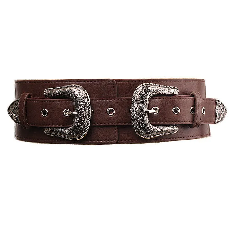 BAO XIU  Classic Style Double Aigo Silver Buckled Leather Belt