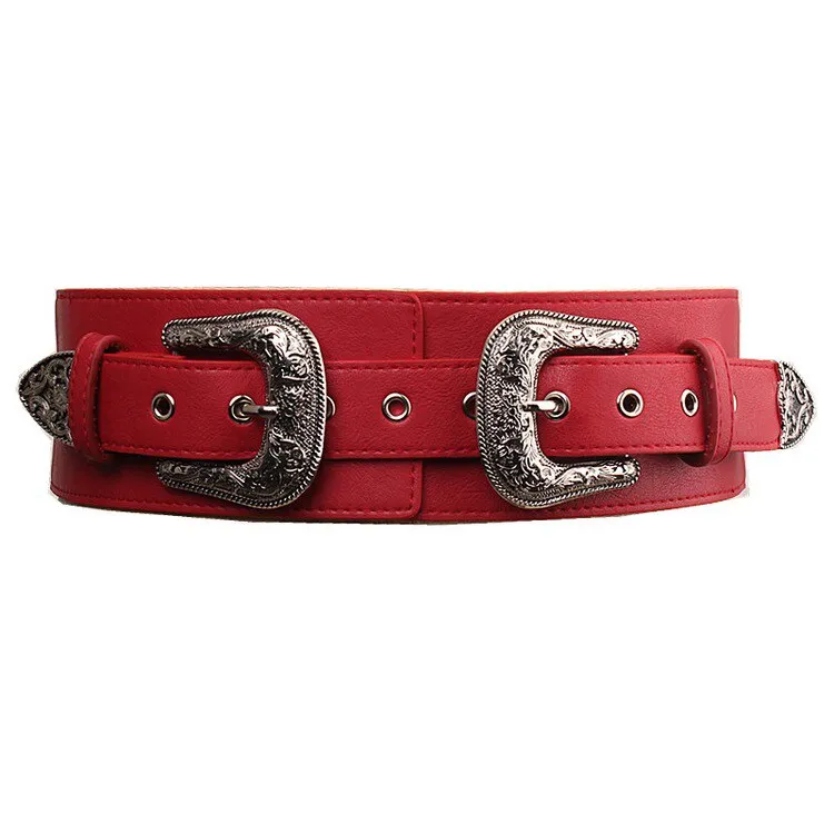 BAO XIU  Classic Style Double Aigo Silver Buckled Leather Belt