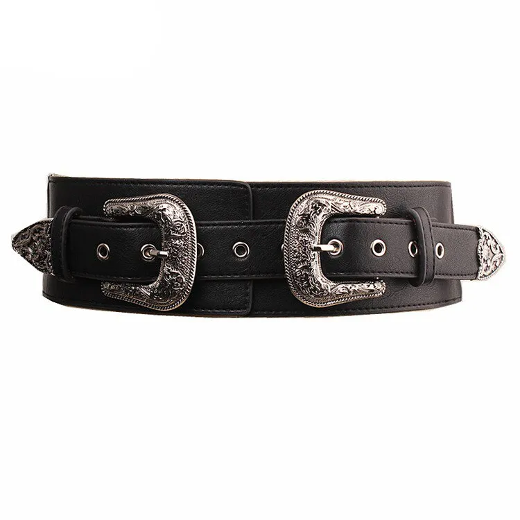 BAO XIU  Classic Style Double Aigo Silver Buckled Leather Belt