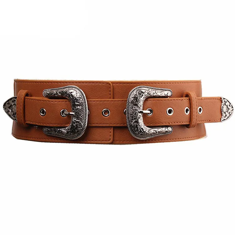 BAO XIU  Classic Style Double Aigo Silver Buckled Leather Belt