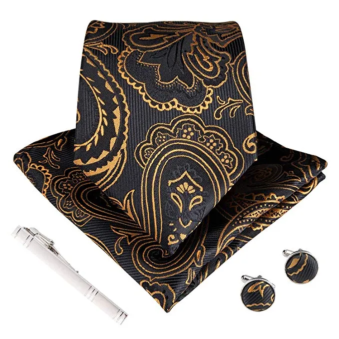 Black and Gold Paisley Necktie Set DBG213