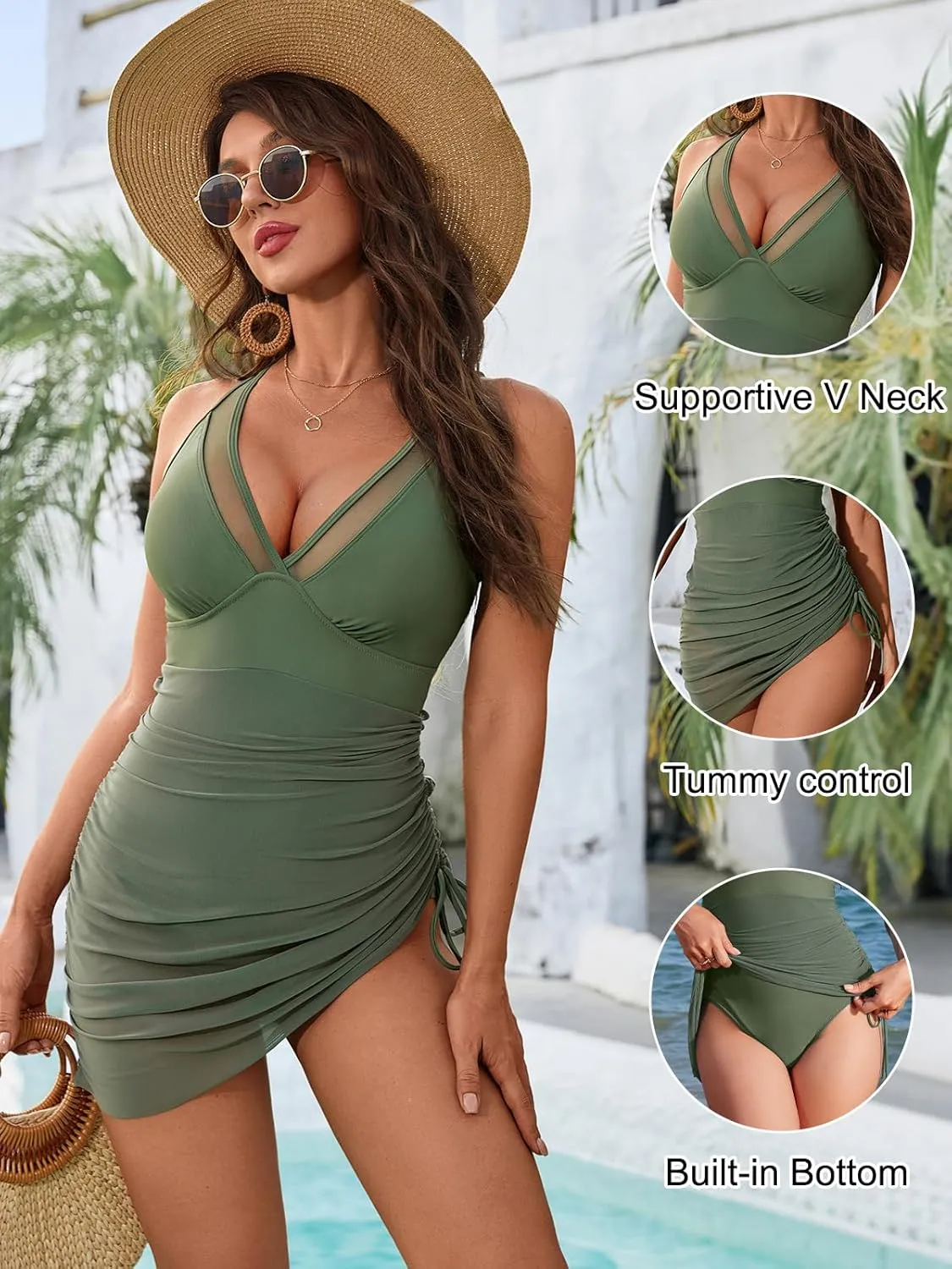Blooming Jelly Women One Piece Swim Dress Tummy Control Swimsuits Slimming Mesh Sheer Sarong Wraps Bathing Suit