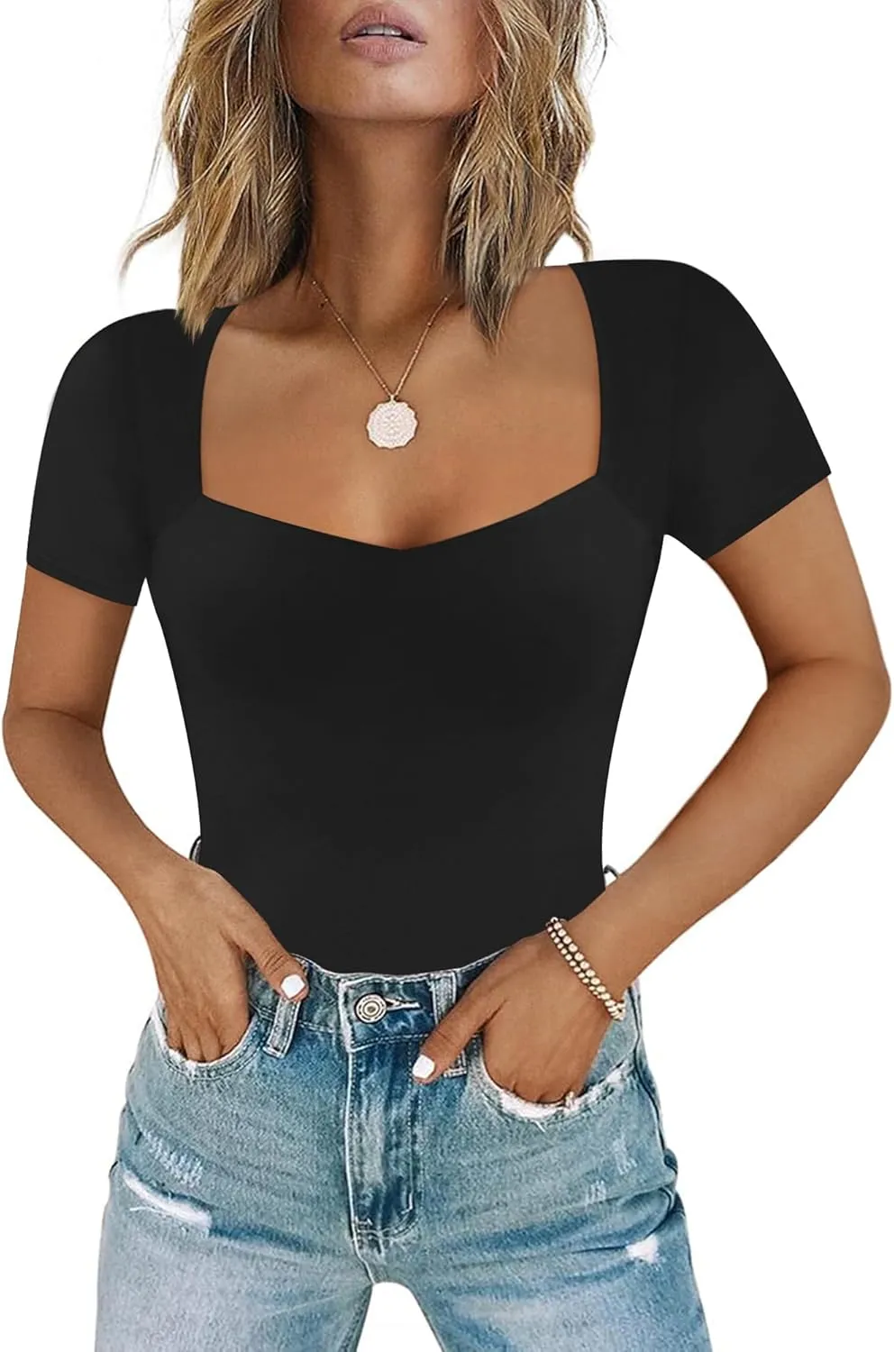 Chunpin Women's Sexy Square Neck Long Sleeve Bodysuit Double Lined Tops Thong Bodysuit