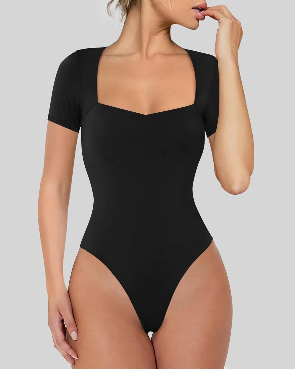 Chunpin Women's Sexy Square Neck Long Sleeve Bodysuit Double Lined Tops Thong Bodysuit