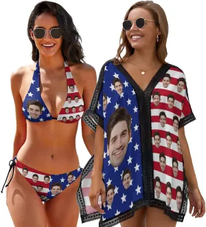 Custom Swimsuit with Face Personalized Bikini Sets for Women Matching Swim Top Bottom & Beach Cover Up for Swimwear