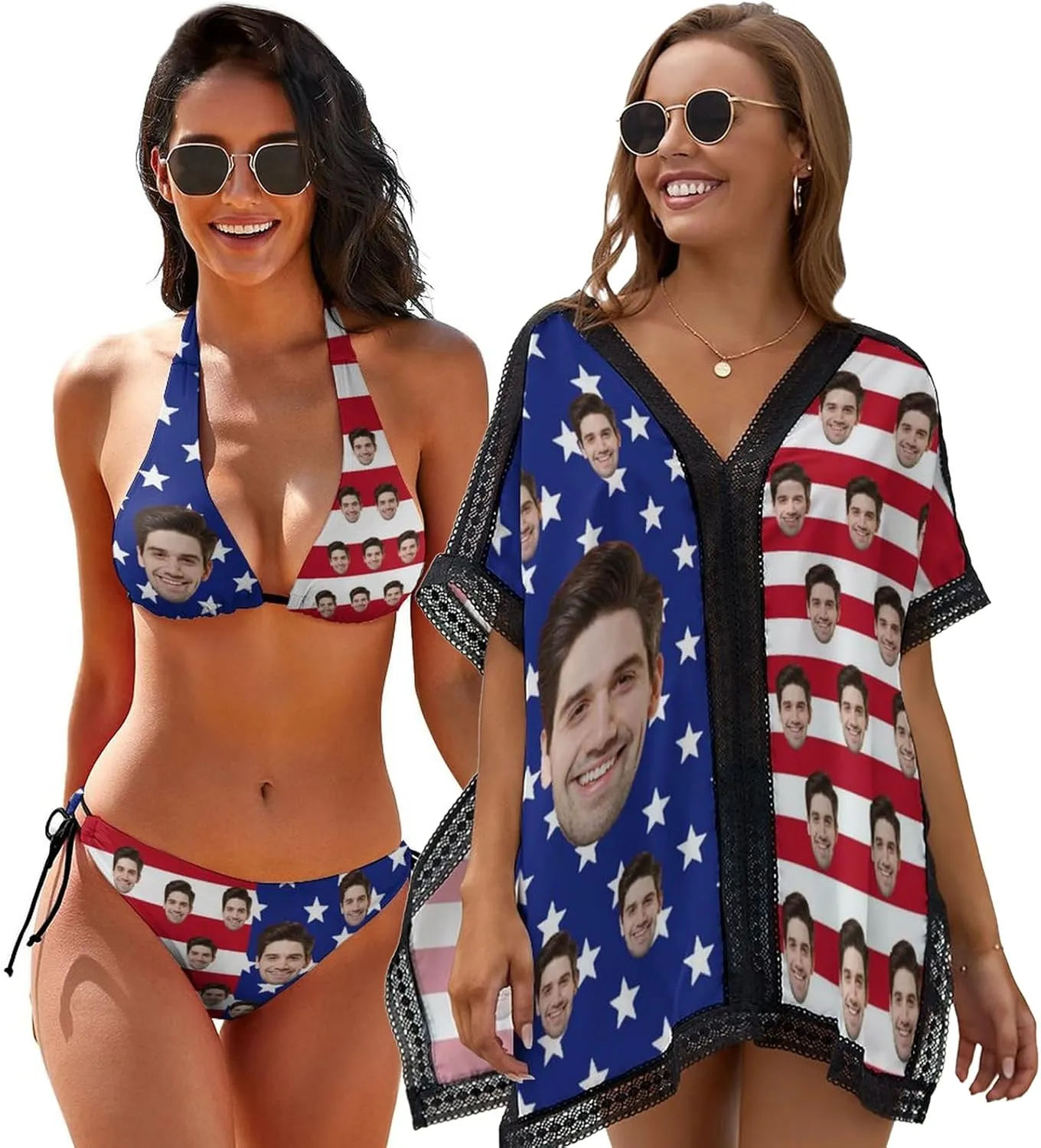 Custom Swimsuit with Face Personalized Bikini Sets for Women Matching Swim Top Bottom & Beach Cover Up for Swimwear