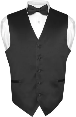 Men's Dress Vest & BowTie Solid BLACK Color Bow Tie Set for Suit or Tuxedo