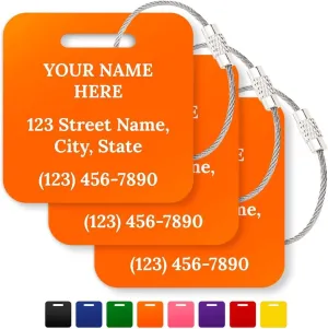 Personalized Luggage Tags, Custom Name and Address for Suitcases and Backpack Orange Travel Tag, Set of 3, 2x2 Inches, Acrylic Heavy Duty Waterproof, Made in The USA by My Sign Center