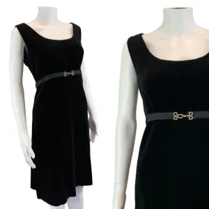 Vintage 60s 70s Black Velvet Belted Sleeveless Mid Length Mod Dress S 8/10