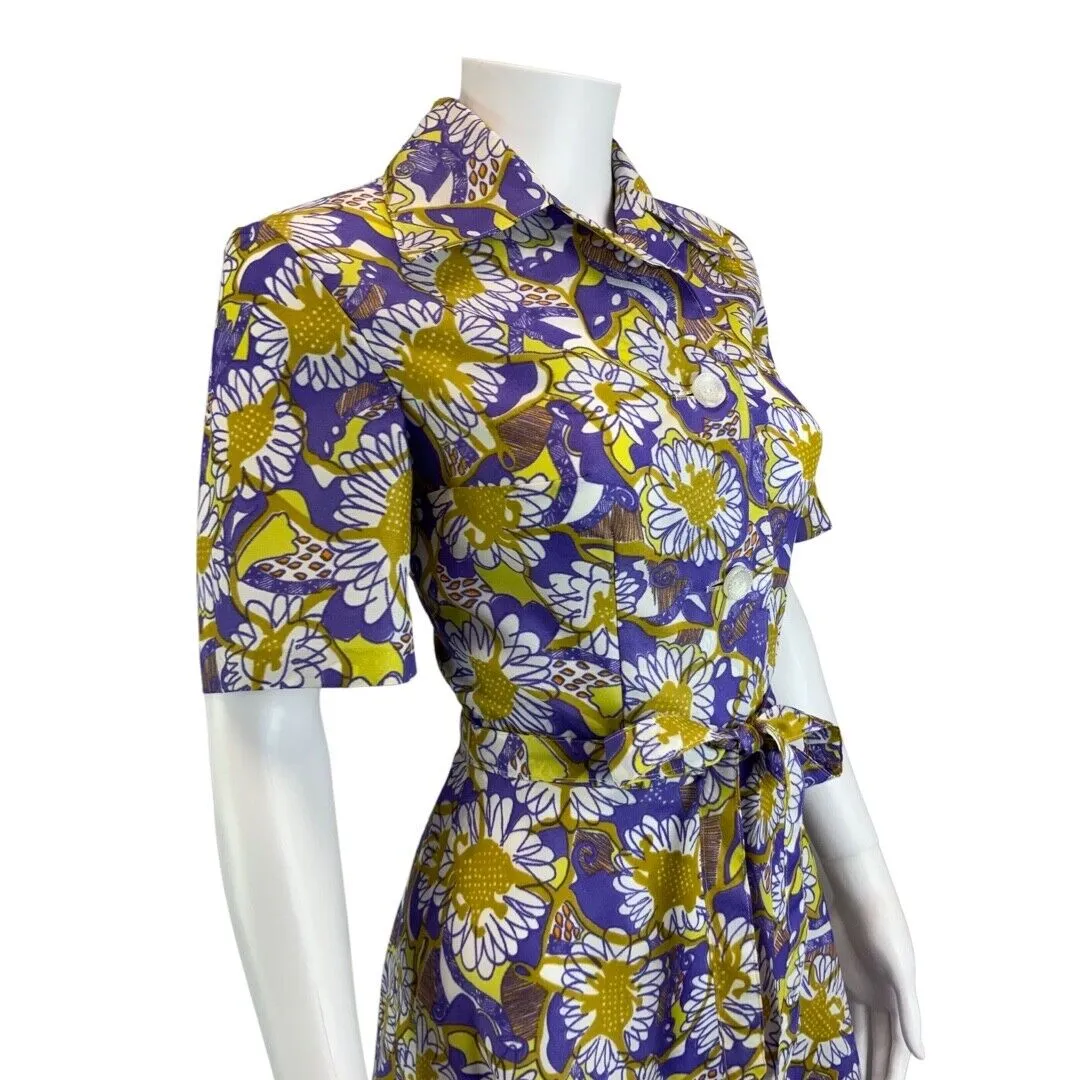 Vintage 70s Purple Yellow Floral Psychedelic Pattern Belted Shirt Dress 8 10 S
