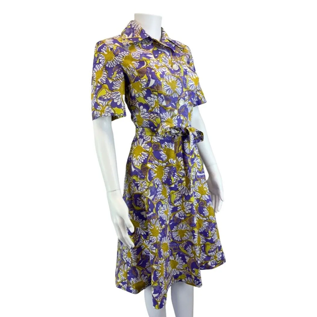 Vintage 70s Purple Yellow Floral Psychedelic Pattern Belted Shirt Dress 8 10 S