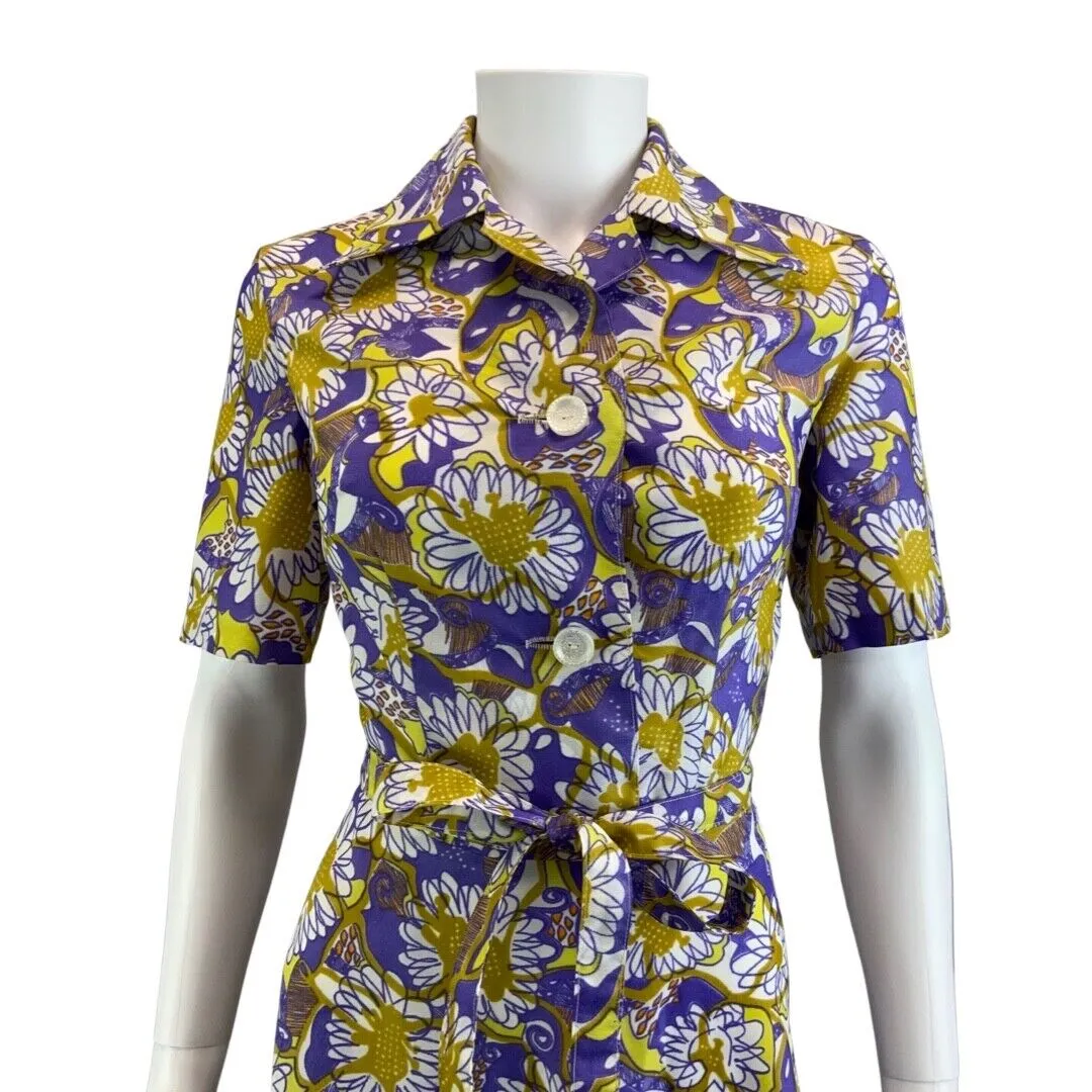 Vintage 70s Purple Yellow Floral Psychedelic Pattern Belted Shirt Dress 8 10 S