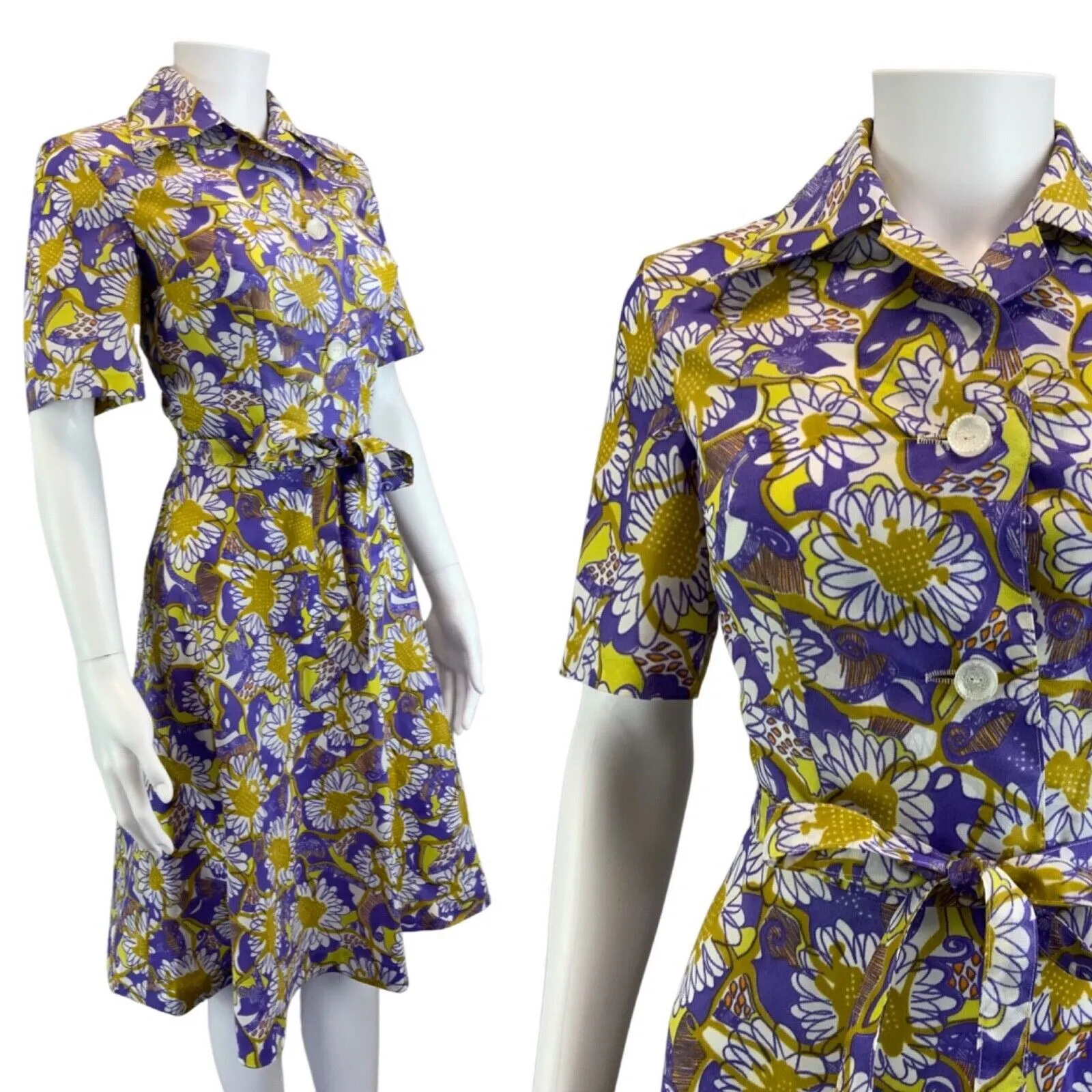 Vintage 70s Purple Yellow Floral Psychedelic Pattern Belted Shirt Dress 8 10 S