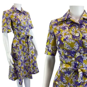 Vintage 70s Purple Yellow Floral Psychedelic Pattern Belted Shirt Dress 8 10 S