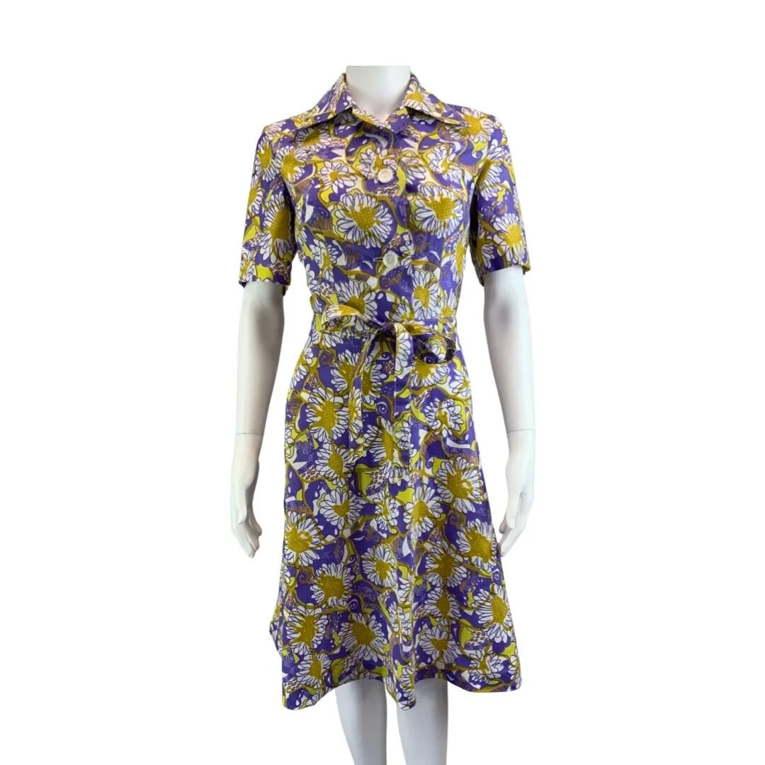Vintage 70s Purple Yellow Floral Psychedelic Pattern Belted Shirt Dress 8 10 S