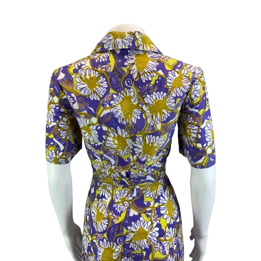 Vintage 70s Purple Yellow Floral Psychedelic Pattern Belted Shirt Dress 8 10 S