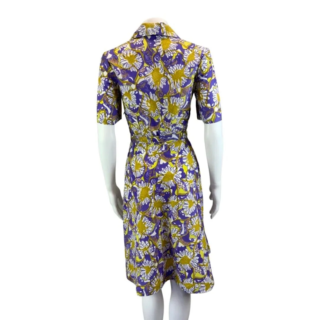 Vintage 70s Purple Yellow Floral Psychedelic Pattern Belted Shirt Dress 8 10 S