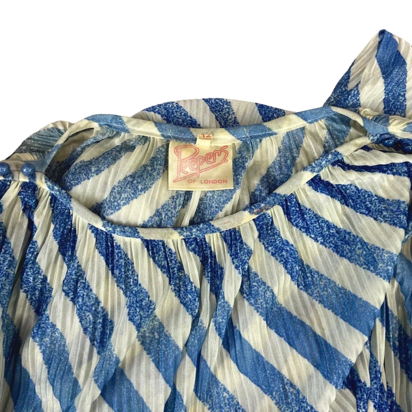 Vintage 80s 90s Blue Striped Pleated Long Sleeve Belted Dress 10 12 M