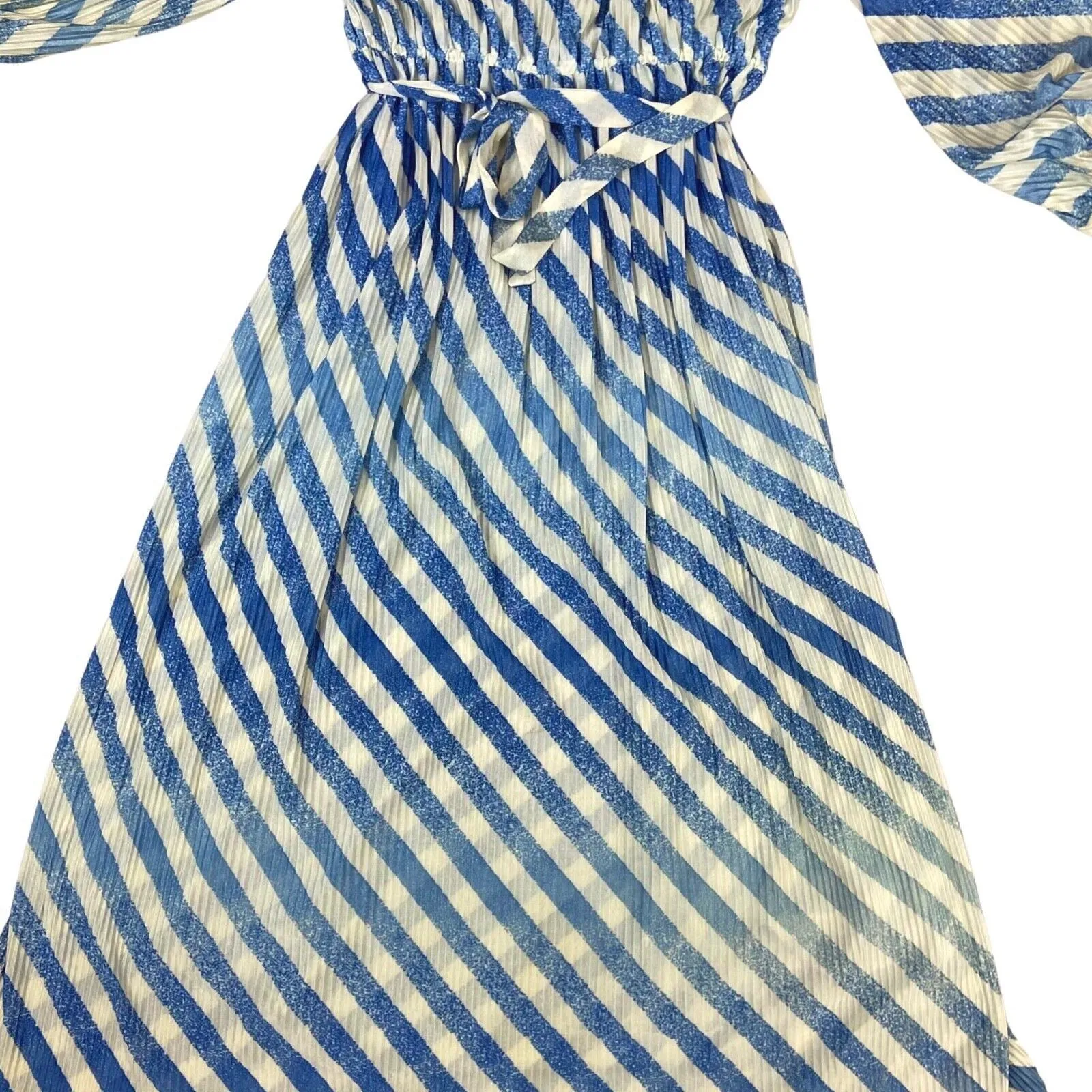 Vintage 80s 90s Blue Striped Pleated Long Sleeve Belted Dress 10 12 M