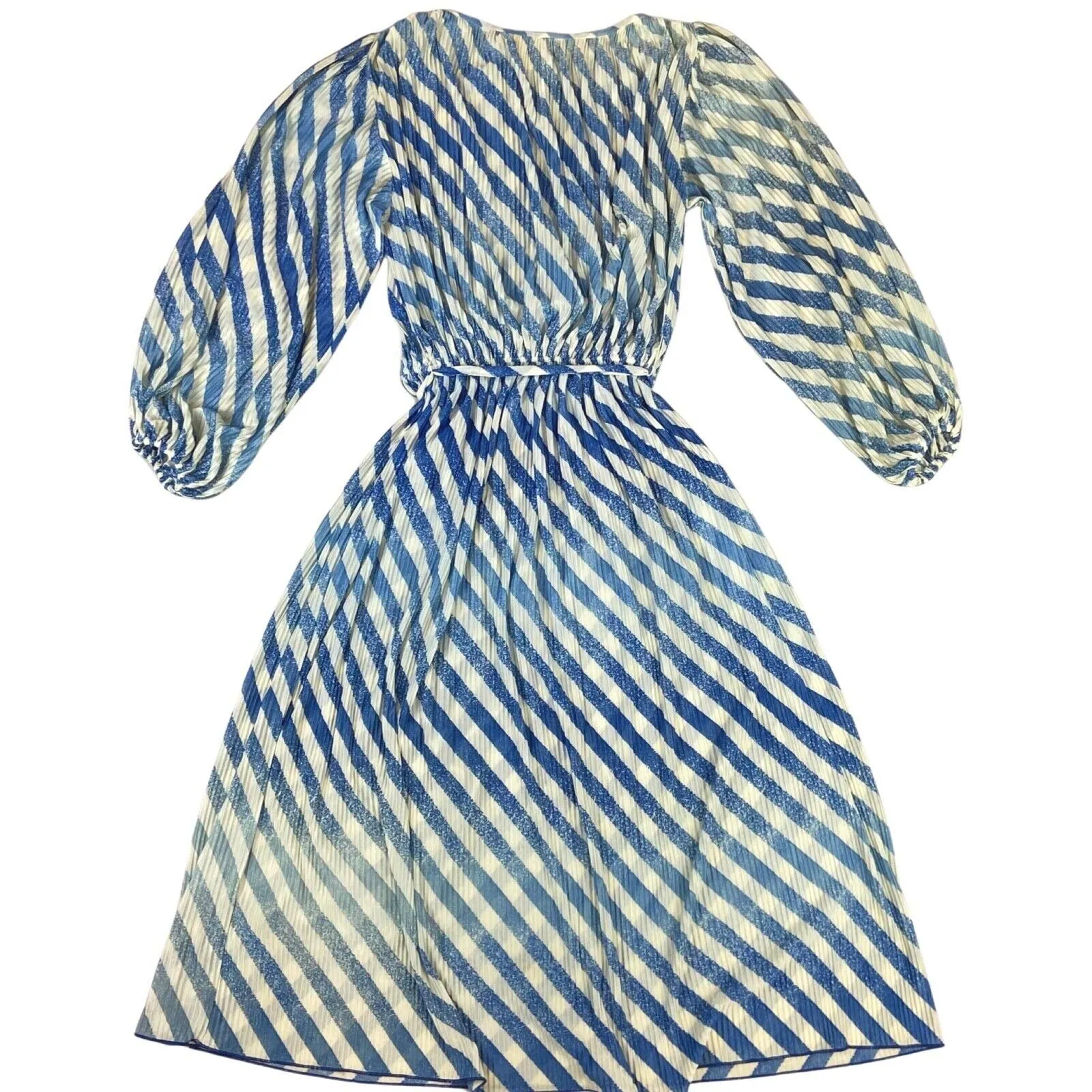 Vintage 80s 90s Blue Striped Pleated Long Sleeve Belted Dress 10 12 M