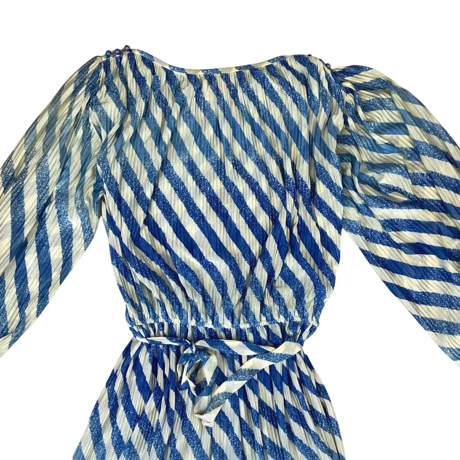 Vintage 80s 90s Blue Striped Pleated Long Sleeve Belted Dress 10 12 M