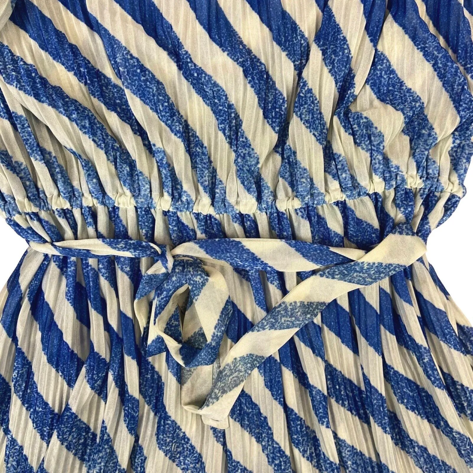 Vintage 80s 90s Blue Striped Pleated Long Sleeve Belted Dress 10 12 M