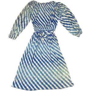 Vintage 80s 90s Blue Striped Pleated Long Sleeve Belted Dress 10 12 M