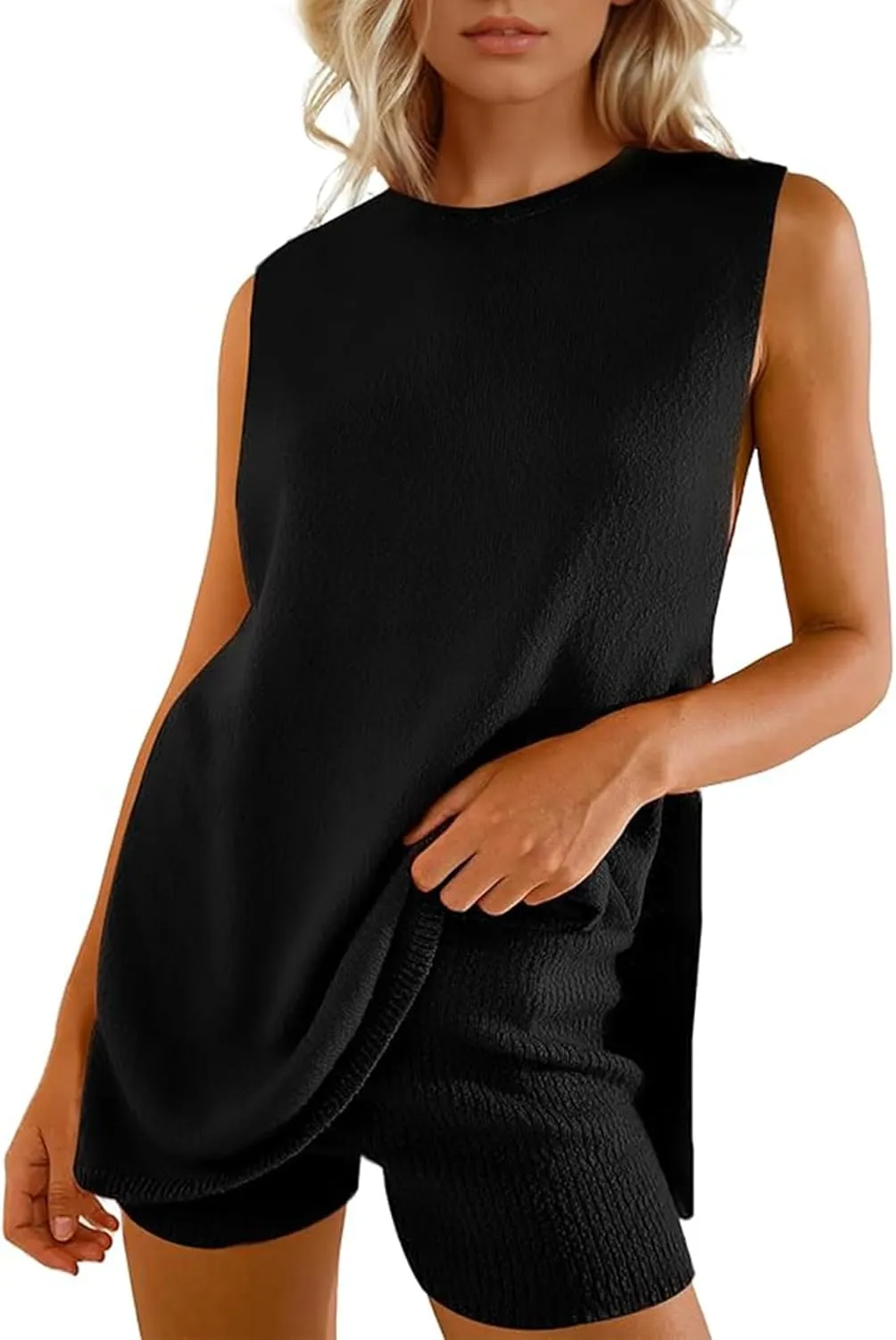 Wyeysyt 2 Piece Sets for Women Summer, Sweater Set Sleeveless Tunic Top and Shorts Beach Vacation Sets Tracksuits