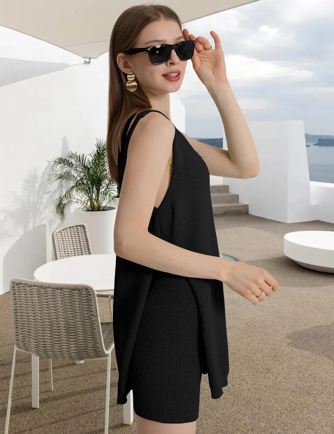 Wyeysyt 2 Piece Sets for Women Summer, Sweater Set Sleeveless Tunic Top and Shorts Beach Vacation Sets Tracksuits